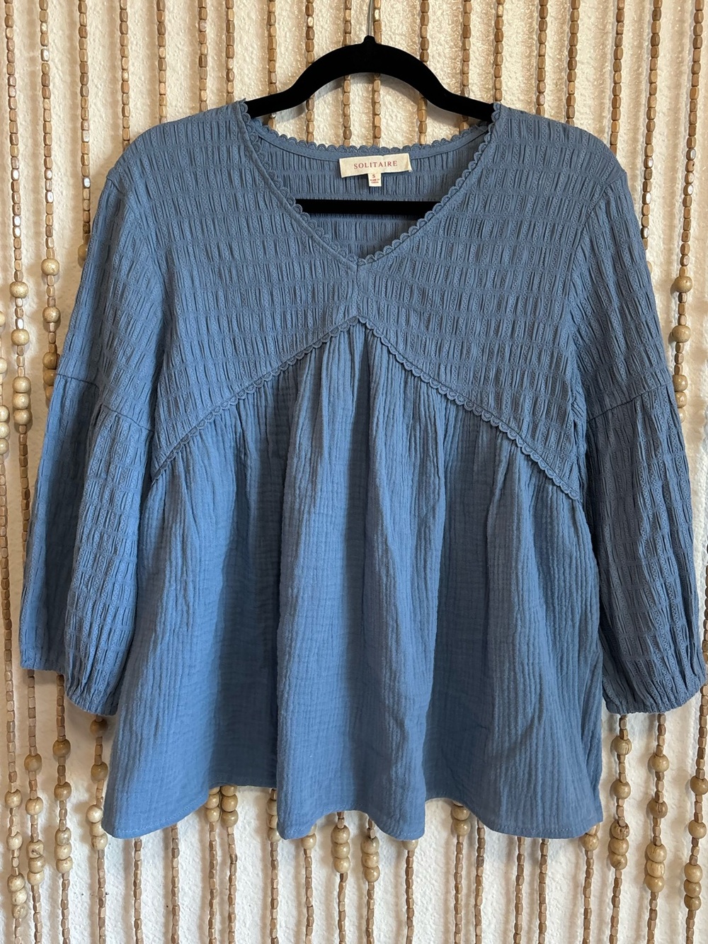 Solitaire Cotton Blue Babydoll 3/4 Sleeve Smocked Scolloped Trim Cottage Blouse